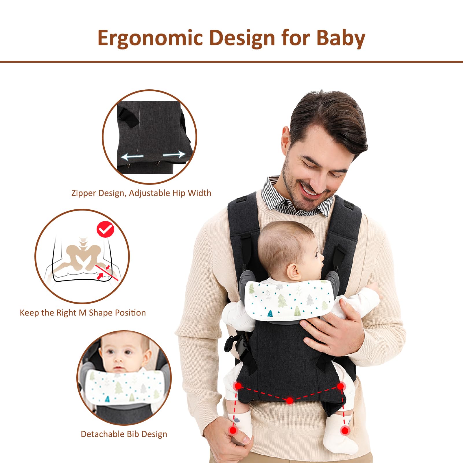 IULONEE Marsupio per Neonati Ergonomico Porta Bebè Portaneonati con Bavaglini Staccabili Baby Carrier Carry Porta bambini 3-36 Mese (3-15kg) (Nero)