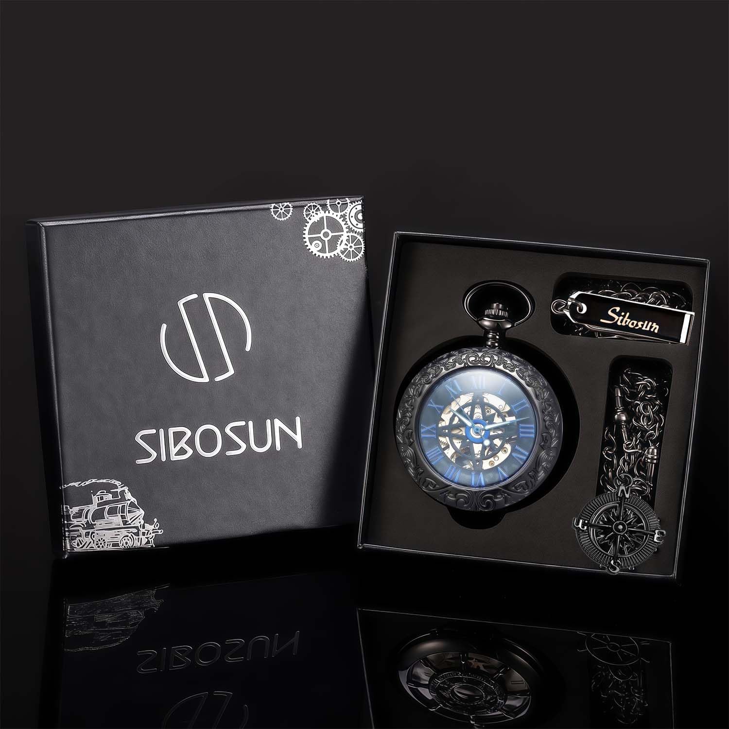 SIBOSUN Mechanical Pocket Watch Hollow Compass Rudder Skeleton Steampunk Pocket Watches for Men Birthday Gift, Graduation Gifts for Son Brother Nephew Grandson