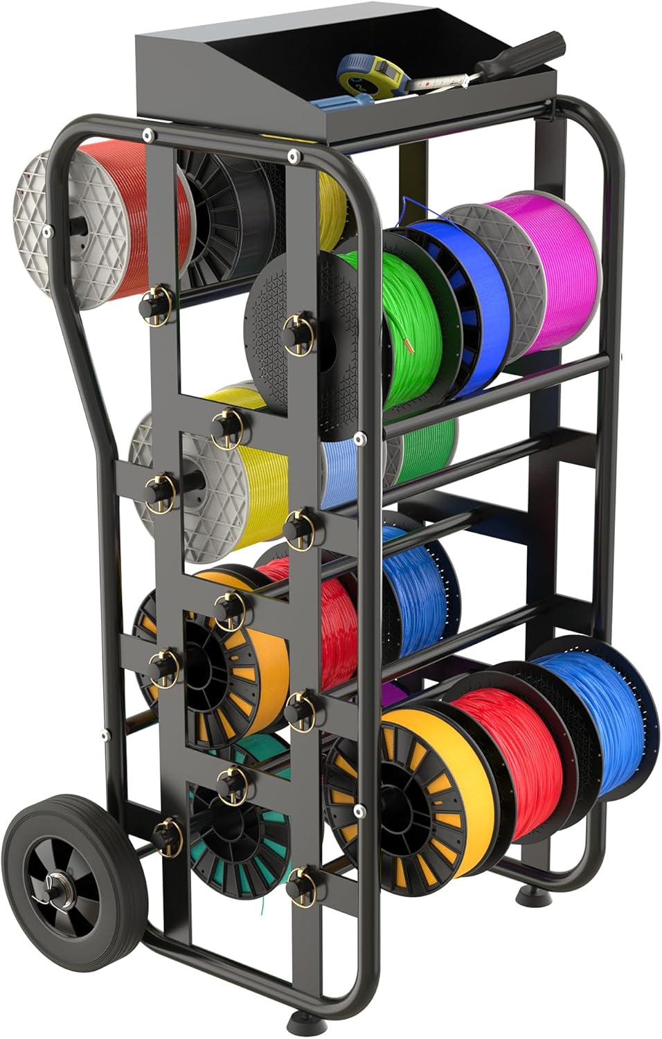 Wire Spool Rack with Wheels, Heavy Duty Cable Caddy & Wire Dispenser Organizer, Adjustable Rods, Large Capacity, Tool Bin, Mobile Cart for Electricians, Workshop & Warehouse, 38"x21.2", Black