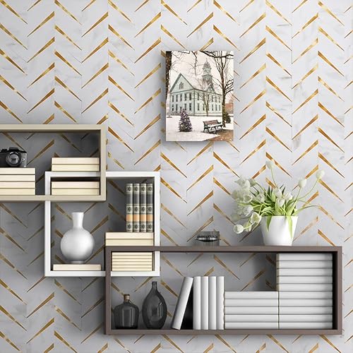 Miniatura 4 de DICOFUN 10 hojas de mármol blanco pulido con diseño de espiga de espiga para cocina, PVC mezclado metal dorado Chevron Stick en azulejos de pared