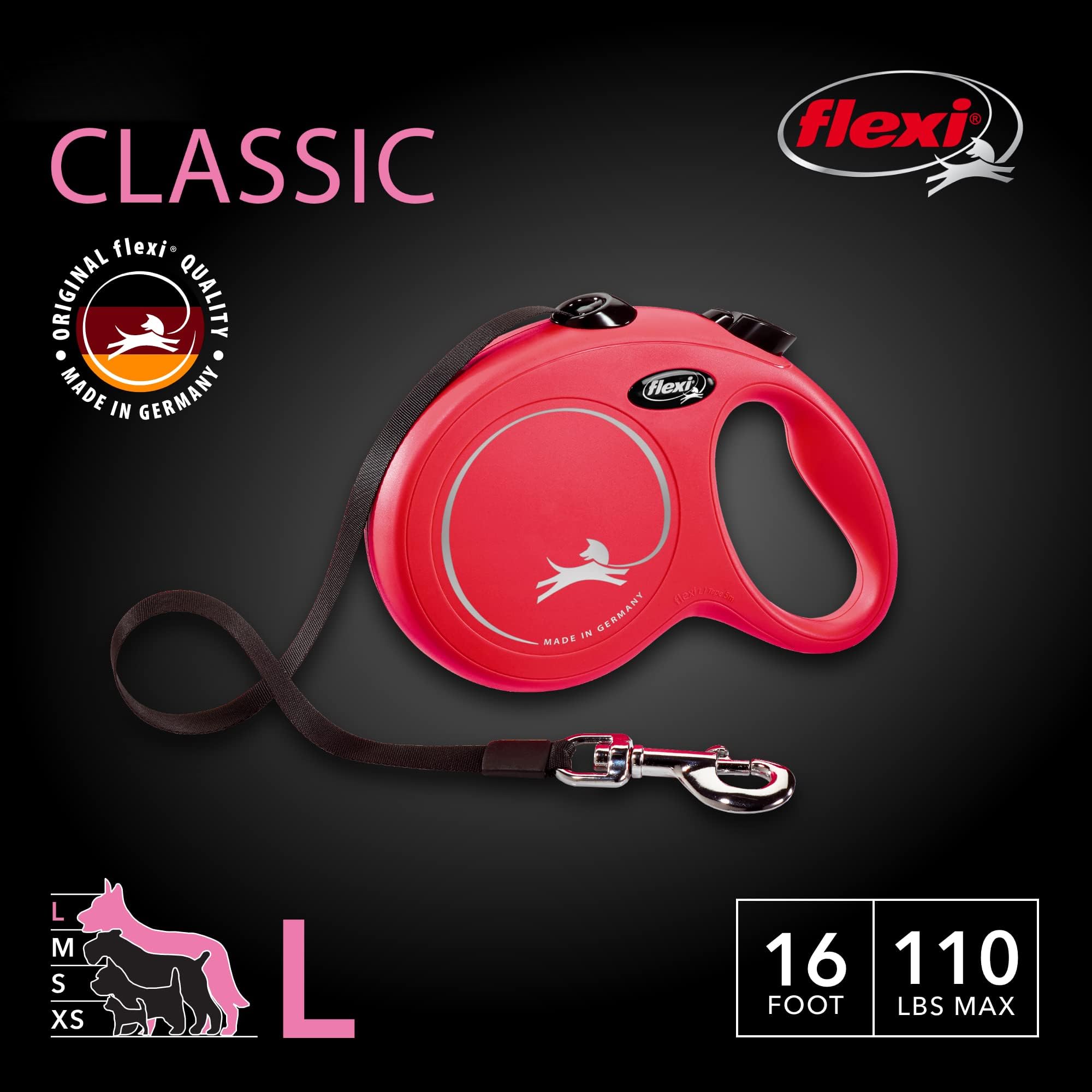 flexi New Classic - Correa retráctil para Perros Grandes de hasta 50 kg, 4,9 m, para pasear Mascotas sin enredos con una Sola Mano, con Freno, Pausa, Bloqueo, Calidad Alemana, Color Rojo