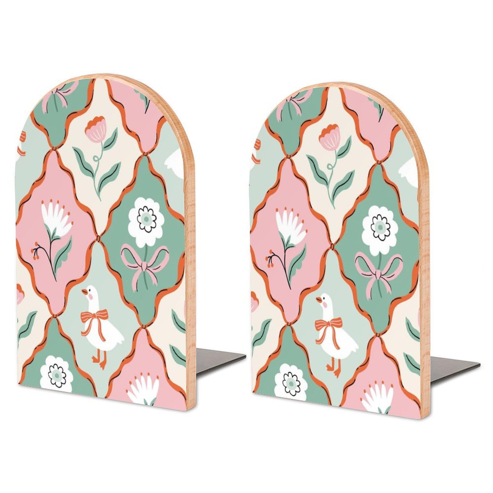 Velumair Flowers and White Geese Book Ends Decorative Bookends for Shelves 2 PCS Bookshelf Decor Floral Wood Book Stopper for Office Home Kitchen to Hold Books 6.7 X 4.7 Inch