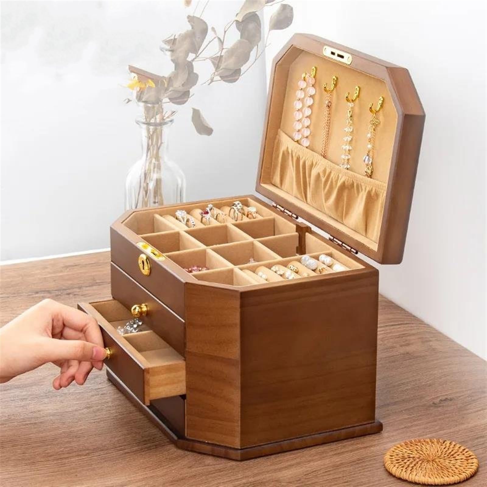 Caja para Anillos de Madera Maciza, Almacenamiento de Joyas con Cerradura, Pendientes y Collares, Gran Capacidad, Cajas Sencillas de Estilo Vintage para joyería.