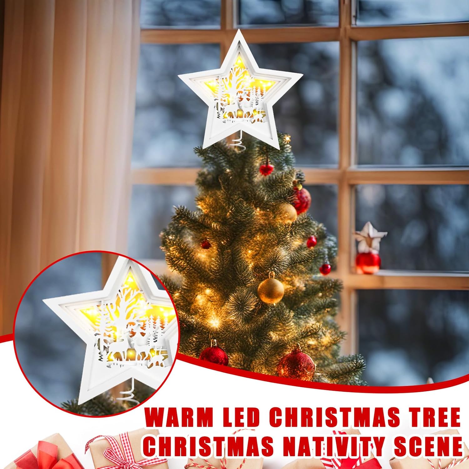 Beeveer Christmas Reindeer Tree Topper Lighted Wooden Rustic Star Wonderland Decor White Hollow Bethlehem Star Deer Forest LED 3D Ornament for Tree Christmas Indoor Decoration, 10 x 8.7 Inch