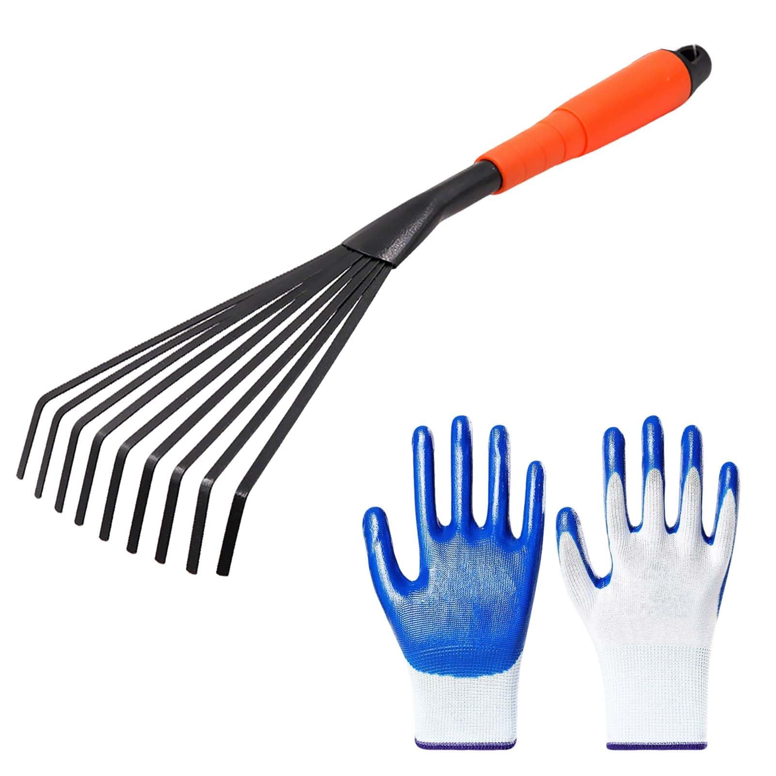 Garden Tools for Gardening, 1 Pcs Garden Rake for Soil and 1Pair Blue Gloves, Gardens Hand Tools Leaf Rake for Gardens, Hand Gardening Tools Applicable to Soil Care and Collect Leaves