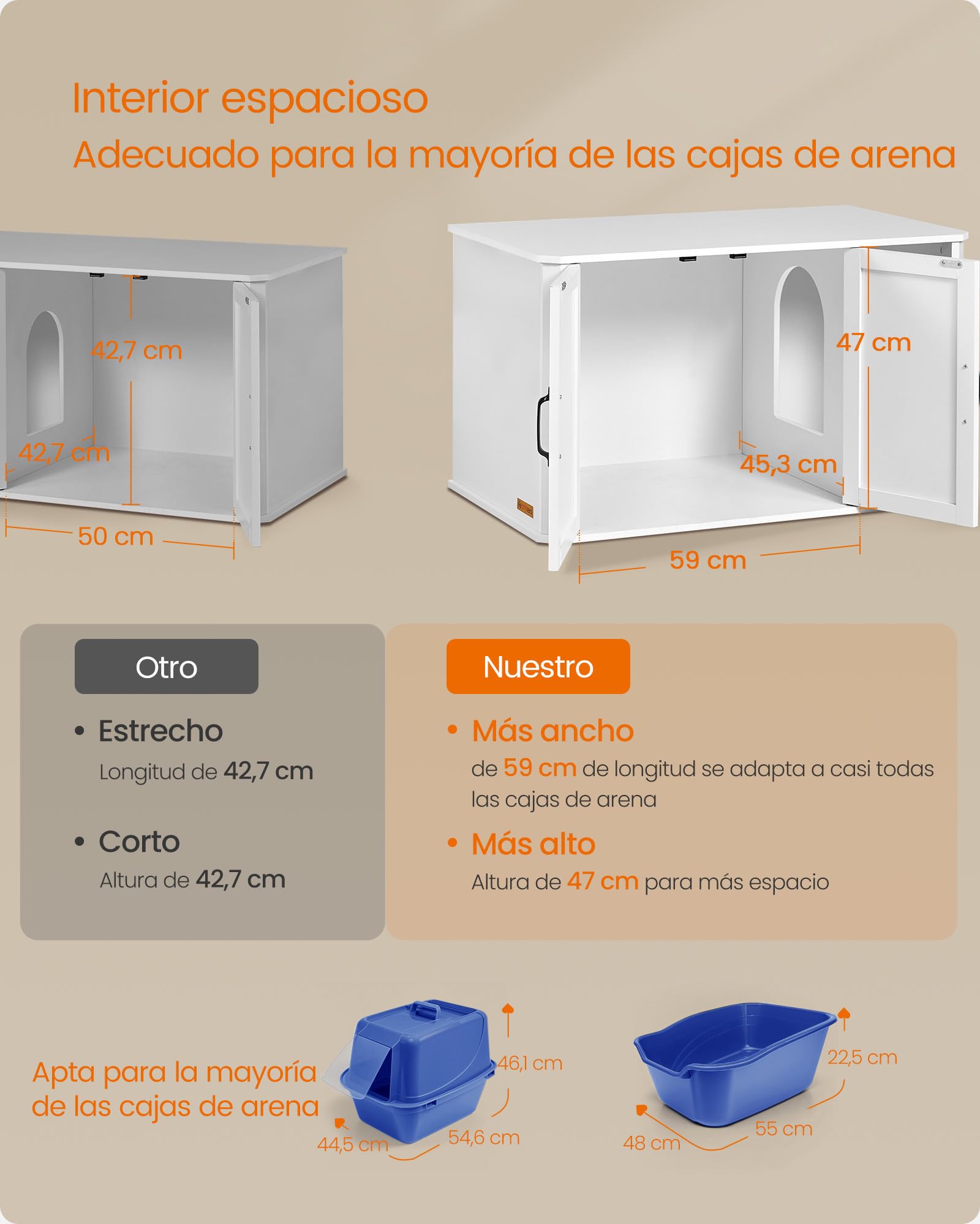 Feandrea Mueble Arenero, Moderno Arenero Oculto, con Entrada Frontal, Puertas Dobles, Asas, Casa para Gatos, Mesa Auxiliar, 85 x 48.5 x 50 cm, Blanco Nube PCL012W01