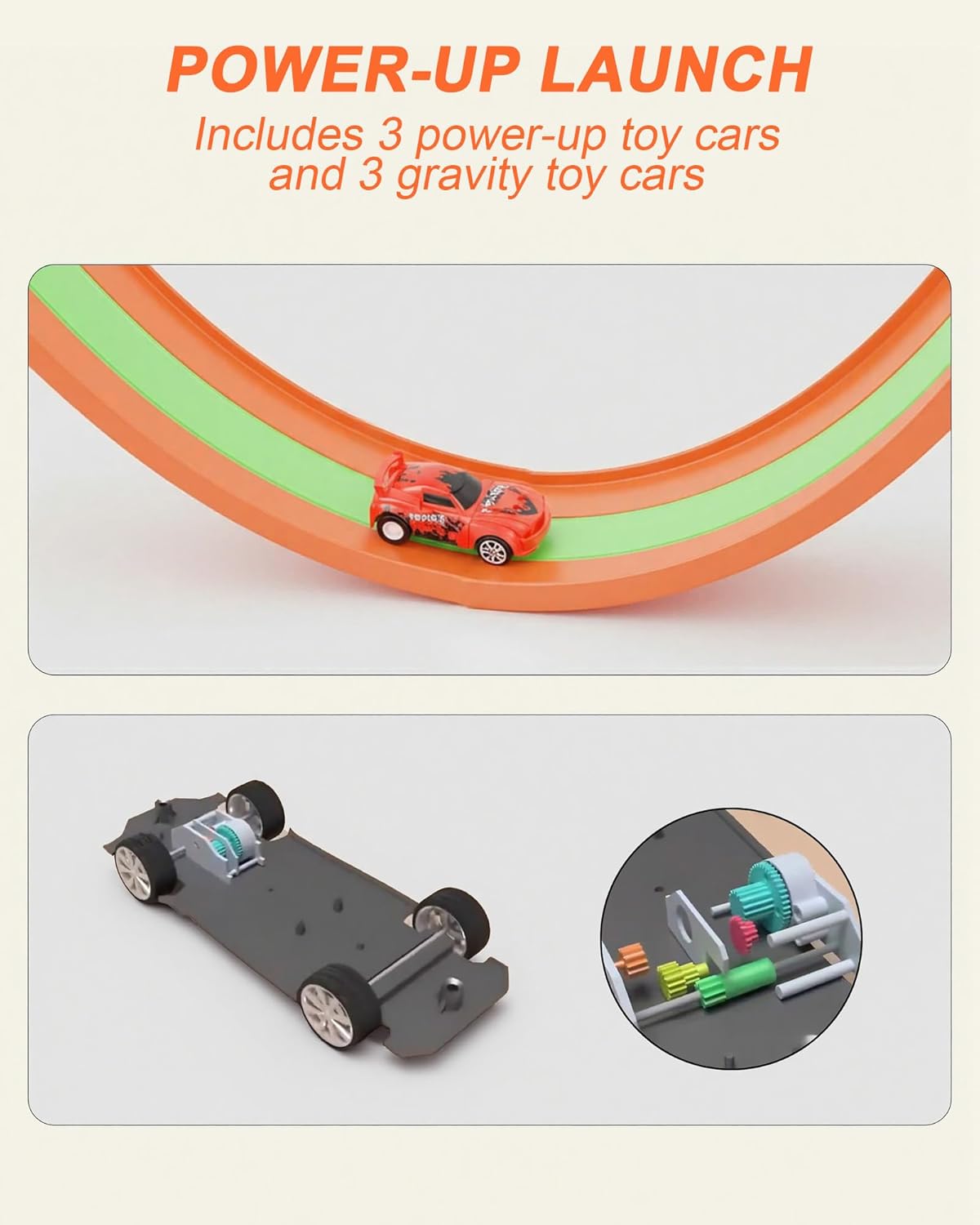 3-Lane Flexible Race Car Track for Kids, 16.4ft Roll Up Racetrack with 6 Cars, No Assembly Battery-Free Track Set Compatible with 1/64 Diecast Cars, Gift for Boys Girls 3-12, Orange
