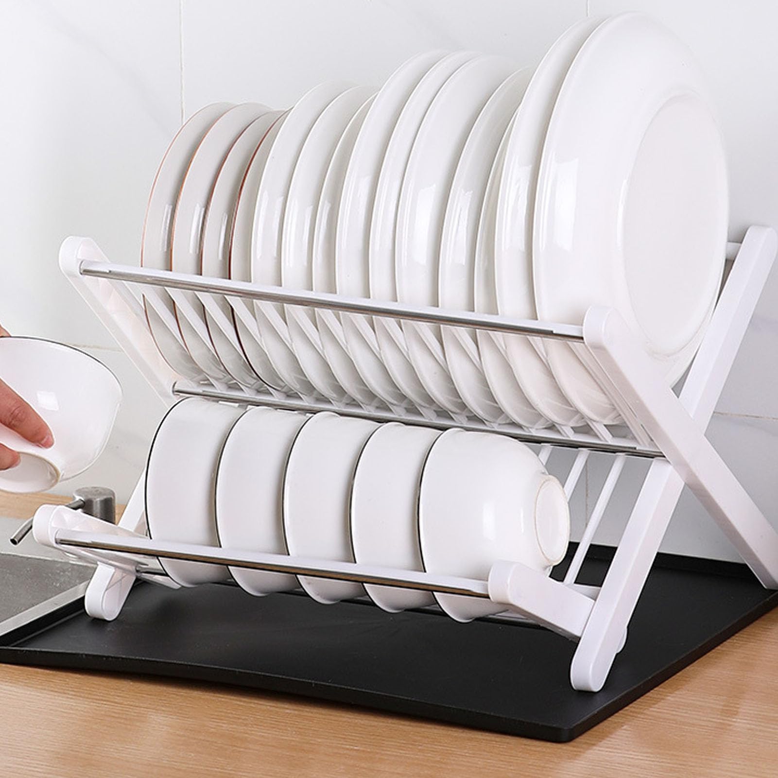 Agatige Abtropfgestell mit Abtropfschale, faltbar, 2 Ebenen, Abtropfgestell, Tellerhalter für Küchenspüle, Arbeitsplatte, Besteck, Teller, Geschirr (White)