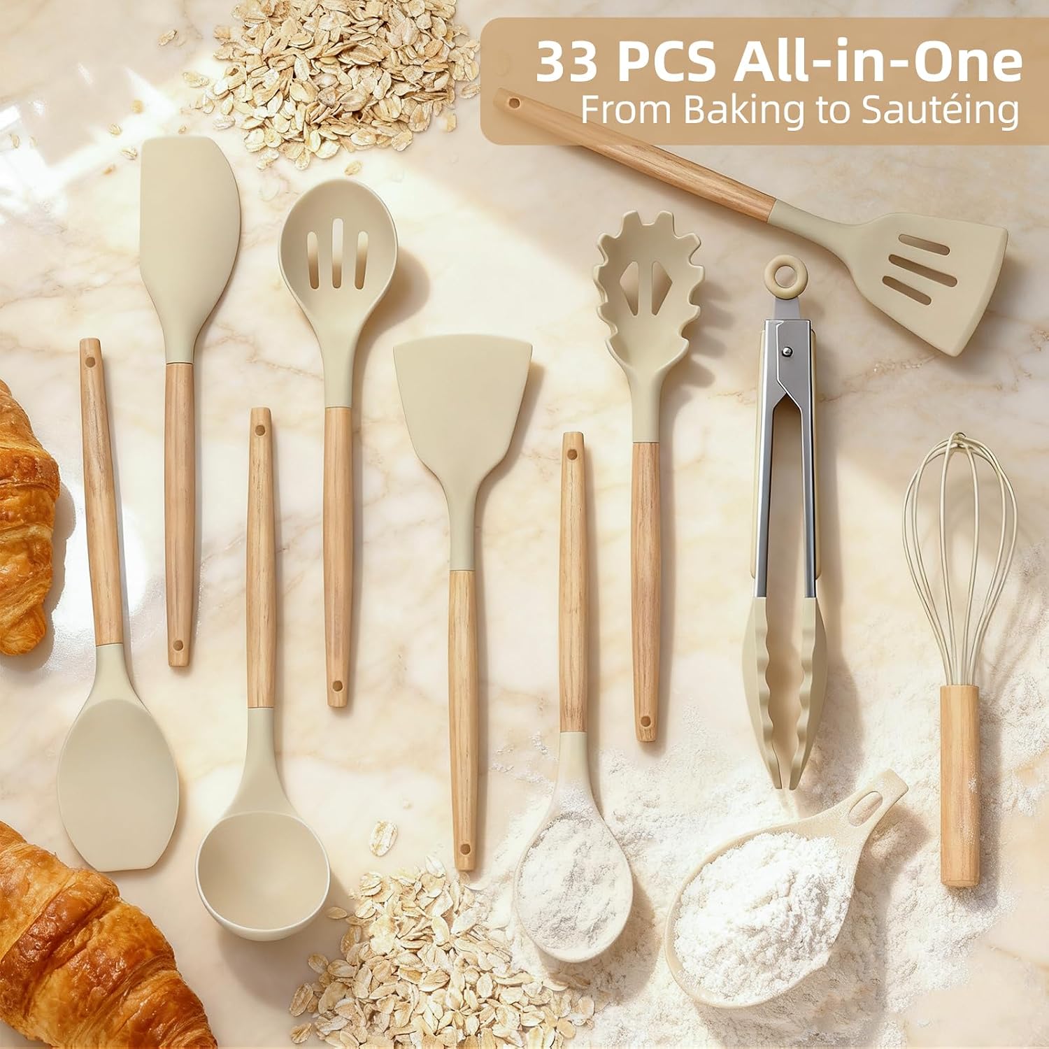 Silicone Cooking Utensils Set, 33PCS/446°F Heat Resistant Food Grade Silicone Kitchen Gadgets, Spatula Set w Holder, for Nonstick Cookware (BPA Free, Khaki)