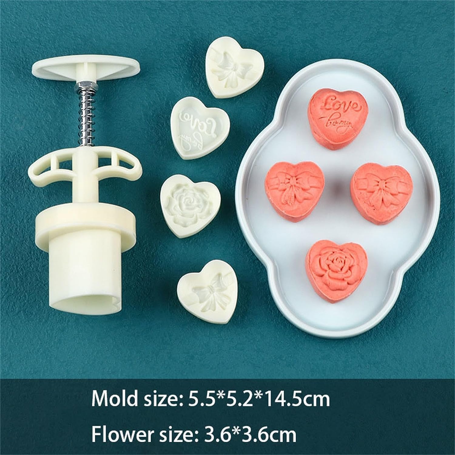 Hand Press Mooncake Mold Mooncake Press Molds, Love Heart Shape MoonCake Mold, 50g Hand Pressed Mooncake with 4 Stamped Flower, Press Mid Autumn Festival Decor Cake Cutter Mold