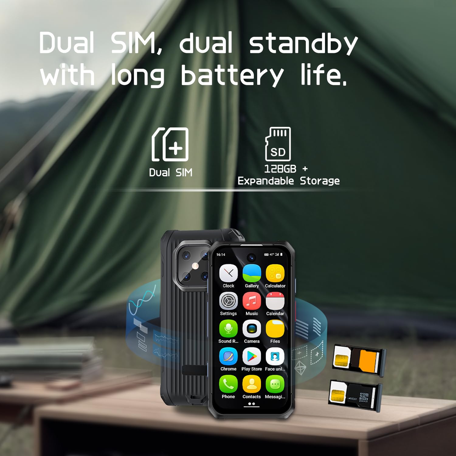 Mini smartphone robusto, display da 3,9 pollici, Android 12, impermeabile IP68, 6 GB RAM, 128 GB ROM, batteria 3000 mAh, GPS, torcia, OTG, riconoscimento facciale, sblocco dual-SIM
