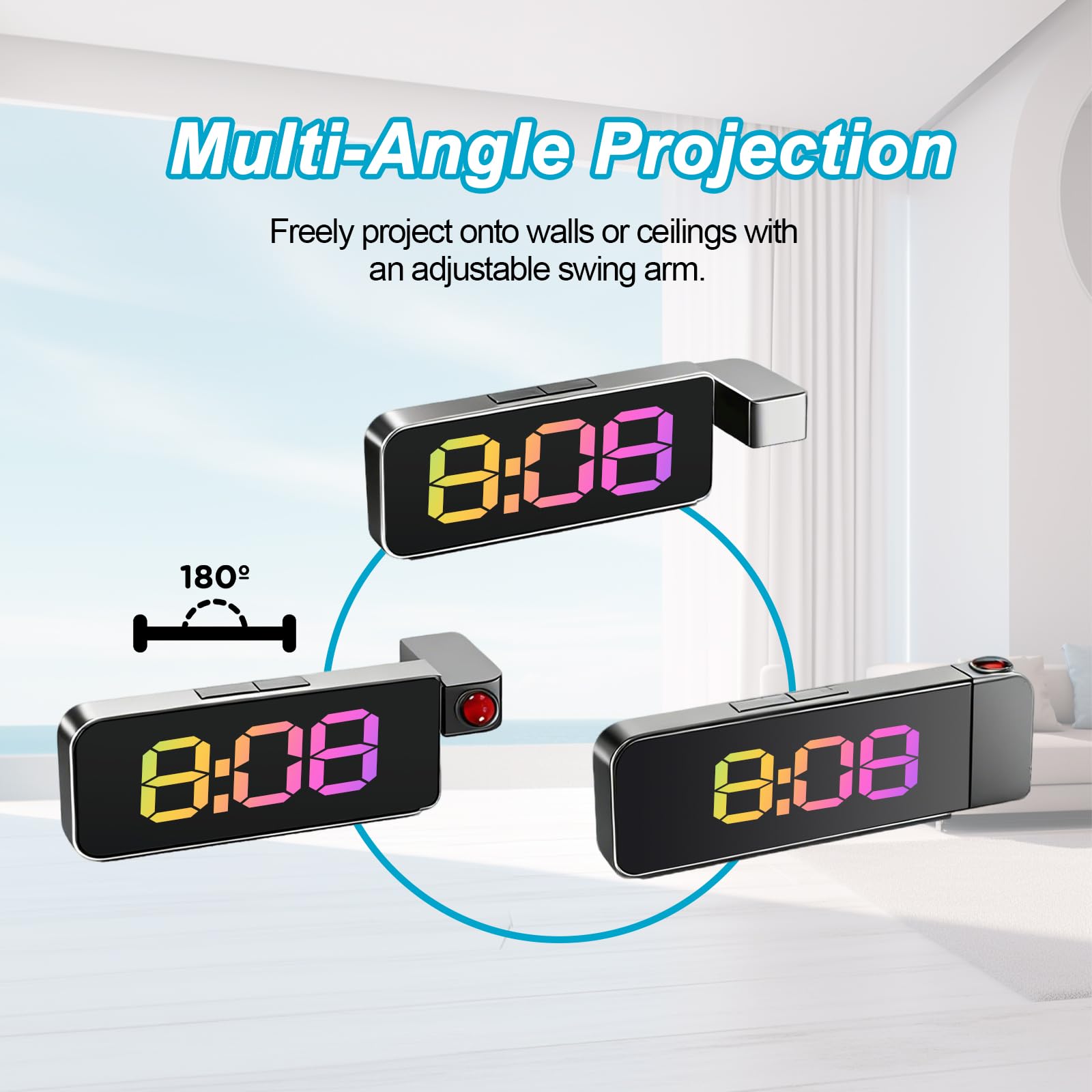 Reloj Despertador de Proyección Digital 180°, Pantalla LED Grande con Temperatura, 4 Niveles de Brillo, Alimentación por USB, para Dormitorio, Oficina, Niños y Ancianos（Negro）