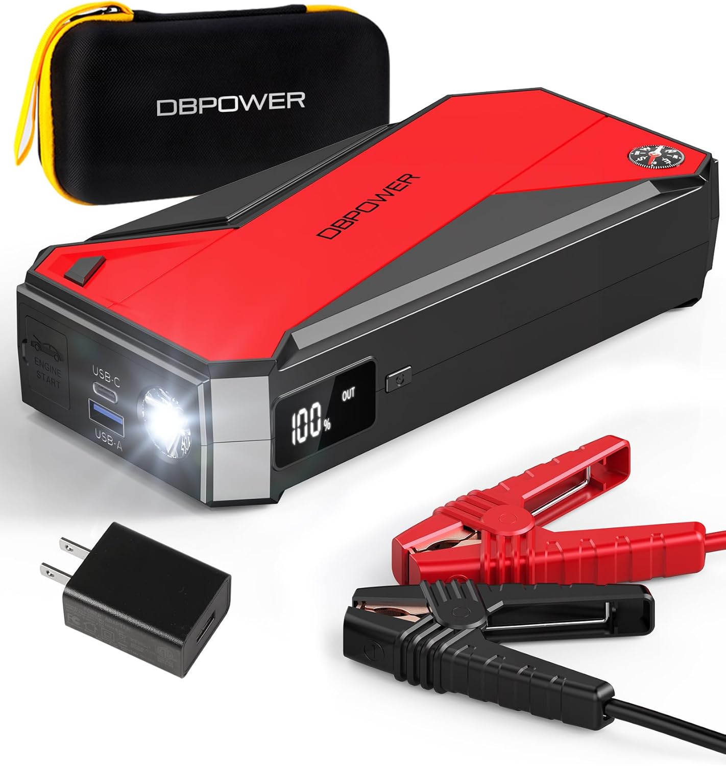 Portable Car Jump Starter (up to 8.0L Gas, 6.0L Diesel Engine) Battery Booster with Smart Charging Port, Compass, LCD Screen and LED Light (Black/Red)