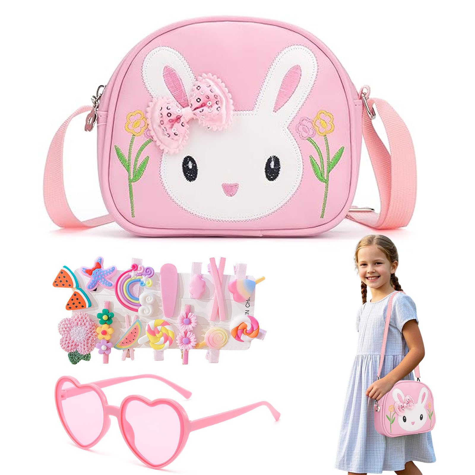 dogmoon Teenager Kaninchen Tasche, Handtasche Prinzessin mit 1 Stück Brille und 14 Stück Haarklemmer, Teenager Hase Geldbörse PU Leder Prinzessin Mini Handtasche