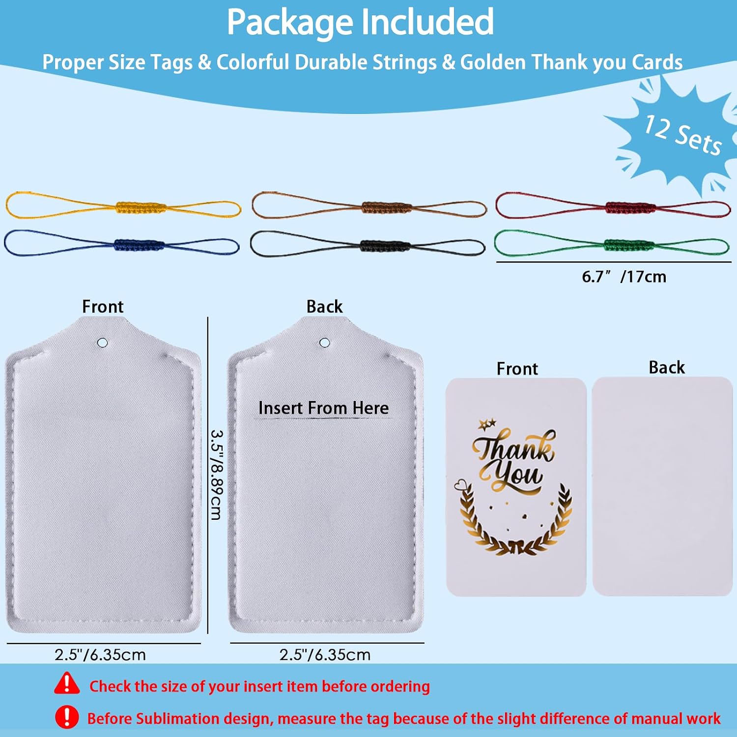 Sublimation Blank Luggage Tag Double-Sided | 12 Sets Ideal Sublimatable Suitcase Labels with Colorful Strings & Thank You Cards | Customized Lightweight Neoprene Badge Gift to Men Women Teens