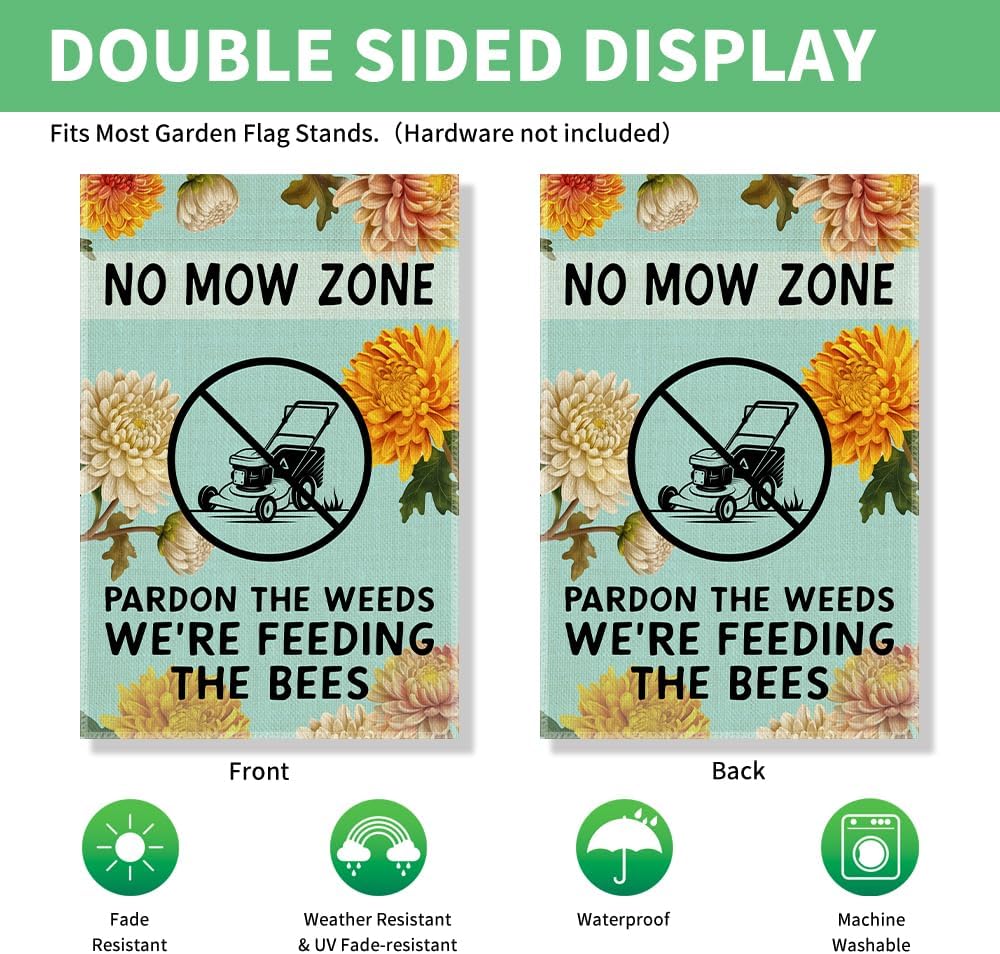 Perfectinsoy No Mow May Zone Sign, Pardon the Weeds We’re Feeding the Bees Funny Garden Flag, Pollinator Friendly Yard Banner, Bee Lover Gifts for Gardener, Welcome Yard Farmhouse Spring Outdoor Decor - Image 3