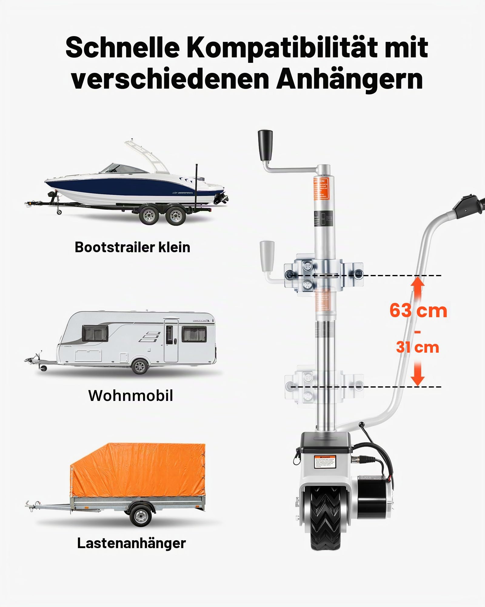 VEVOR Elektrische Rangierhilfe, 2,5 T Anhängelast, 380 W 12 V motorisiertes Stützrad mit 7 m/min Bewegungsgeschwindigkeit, einstellbare Klemmhöhe & Gummireifen, zum Bewegen von Wohnwagen & Booten