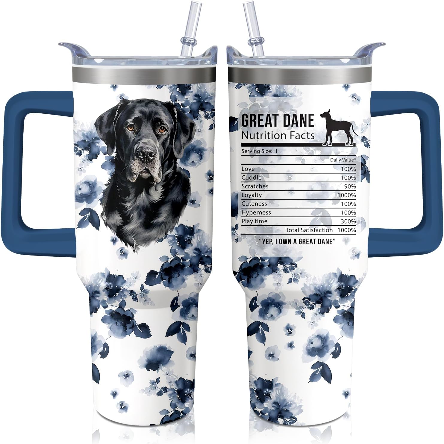 40oz Great Dane Tumbler with Handle and Straw, Cute Dog Stainless Steel Insulated Cup with Lid and Straw, Travel Coffee Mug Water Bottle, Birthday Mothers Day Gifts for Women Men Animal Lovers