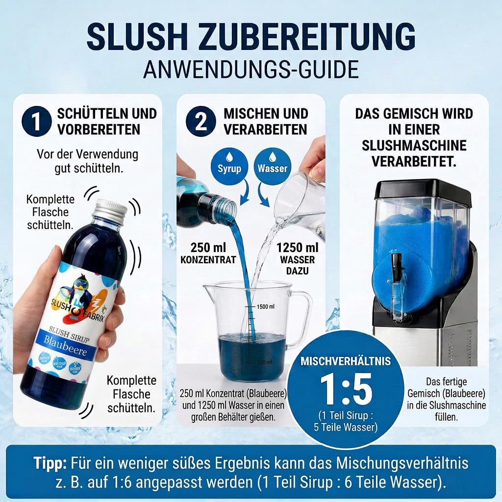 Sirup Partyset 6 x 250ml und 125 Löffelstrohhalme für Slush, Getränke Hergestellt ohne AZO und Glycerin | Slushy selber machen | Slushmaschine Aroma Konzentrat 1:5, Perfekt für Ninja Slushy Maschine