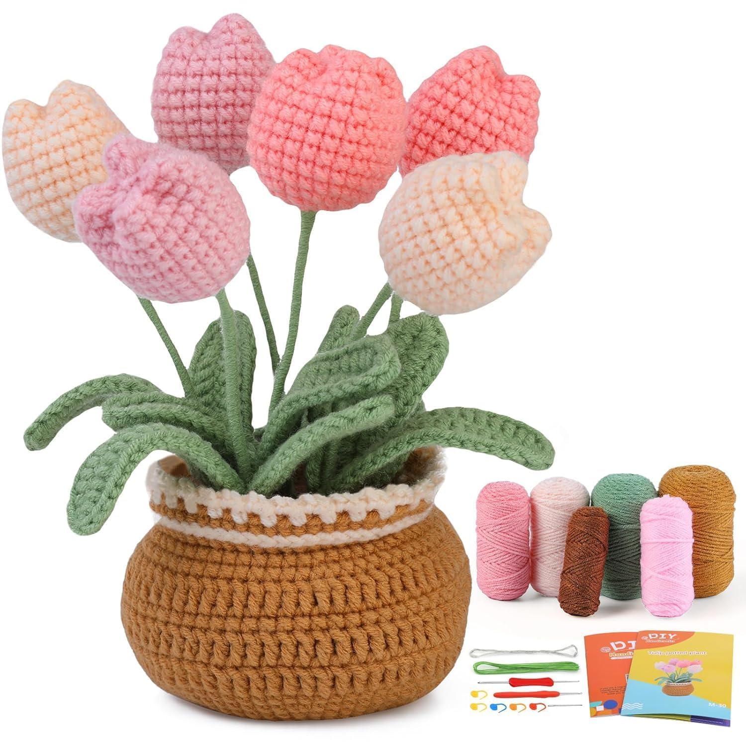- FLIZZOW DIY Starter Kit for Adults Crocheting Knitting Kit for Beginners Crochet Kit Set Tulip Plant Crochet Kit with Yarn, Hook, Needle, Complete Beginner