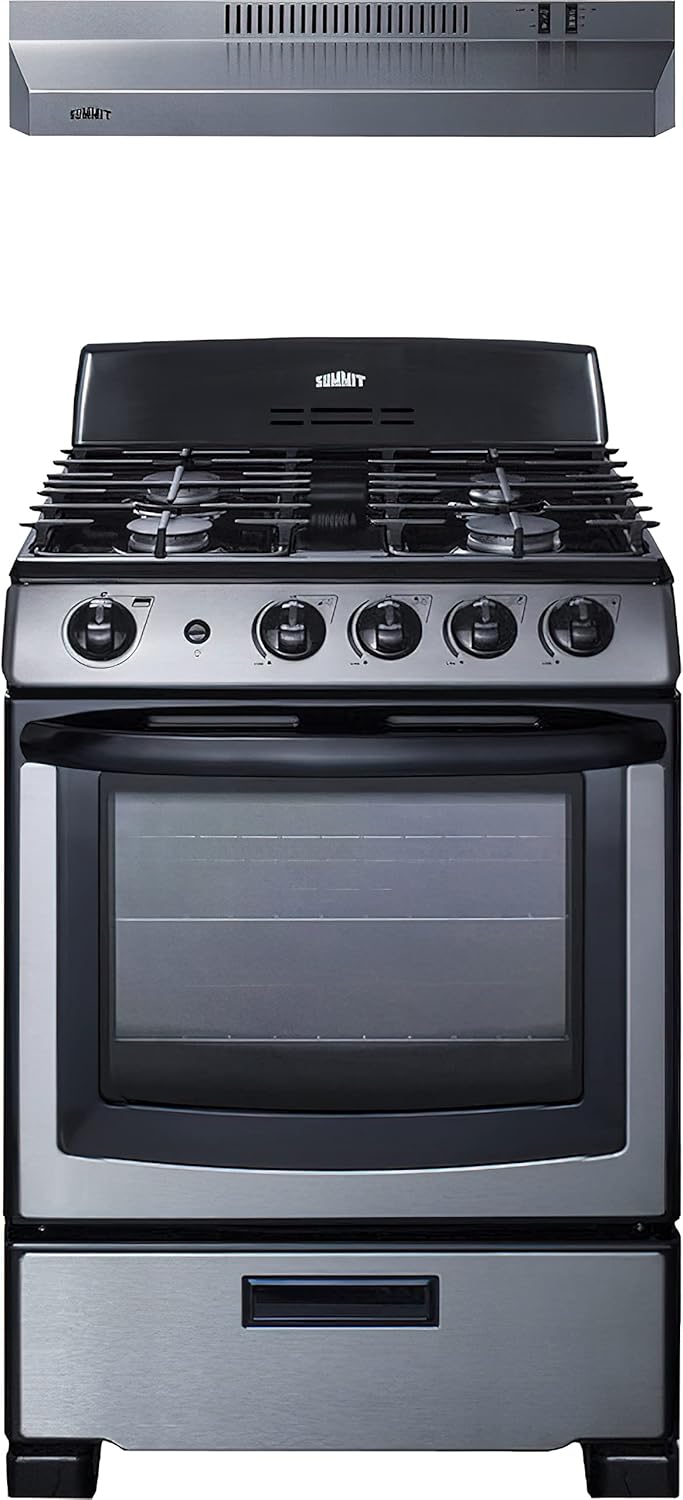 Summit Appliance RGH24RSS 24" Wide Gas Range and Convertible Hood Set, 4 Burners, Slide-out Oven Racks, Burners Indicator Lights, Push-to-turn Controls, Stainless Steel Under Cabinet Range Hood