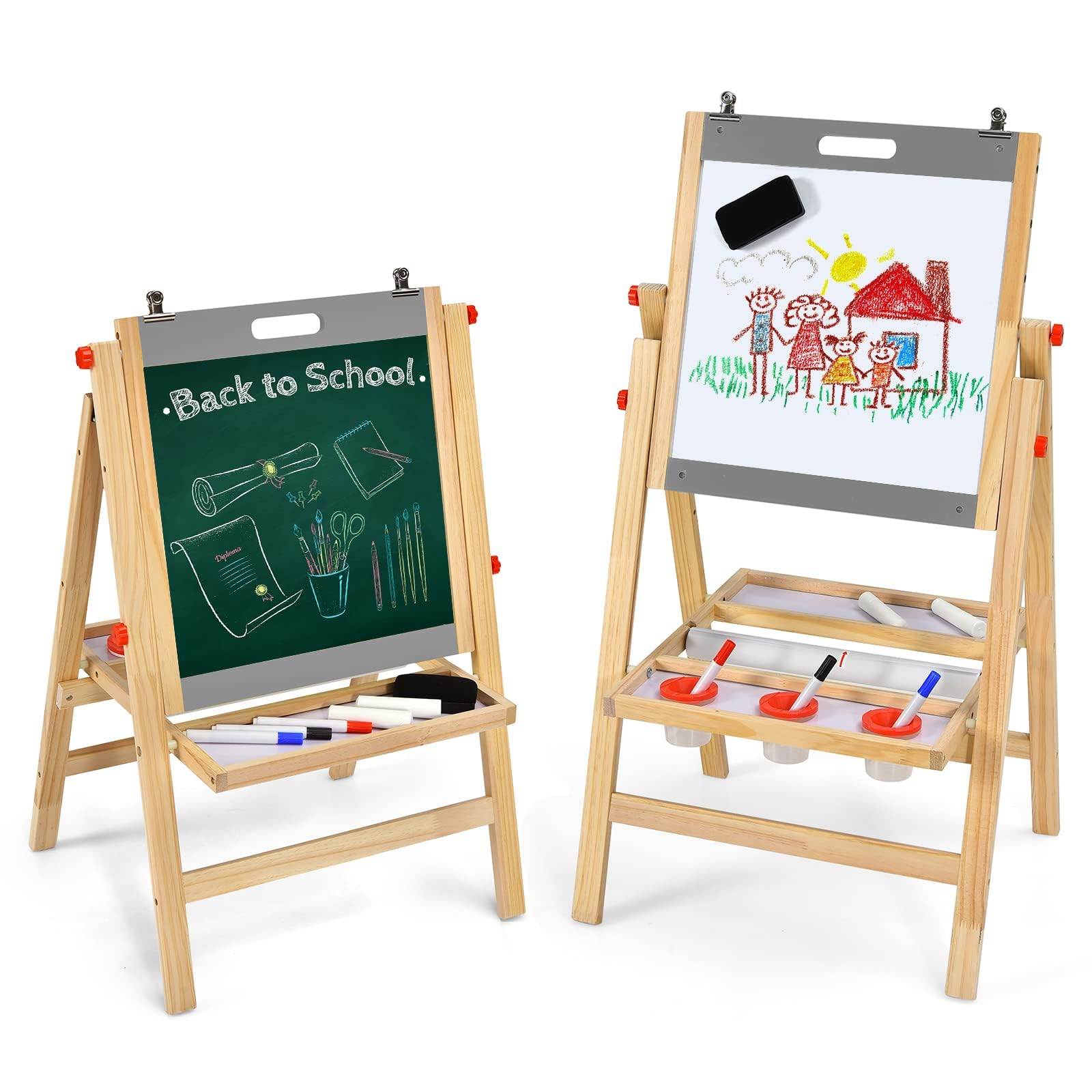 RELAX4LIFE Lavagna Bifacciale con Cavalletto per Bambini, Cavalletto Pieghevole in Legno di Pino con Altezza Regolabile, Lavagna Nera e Bianca Magnetica con Ripiano e Accessori, Cavalletto Portatile