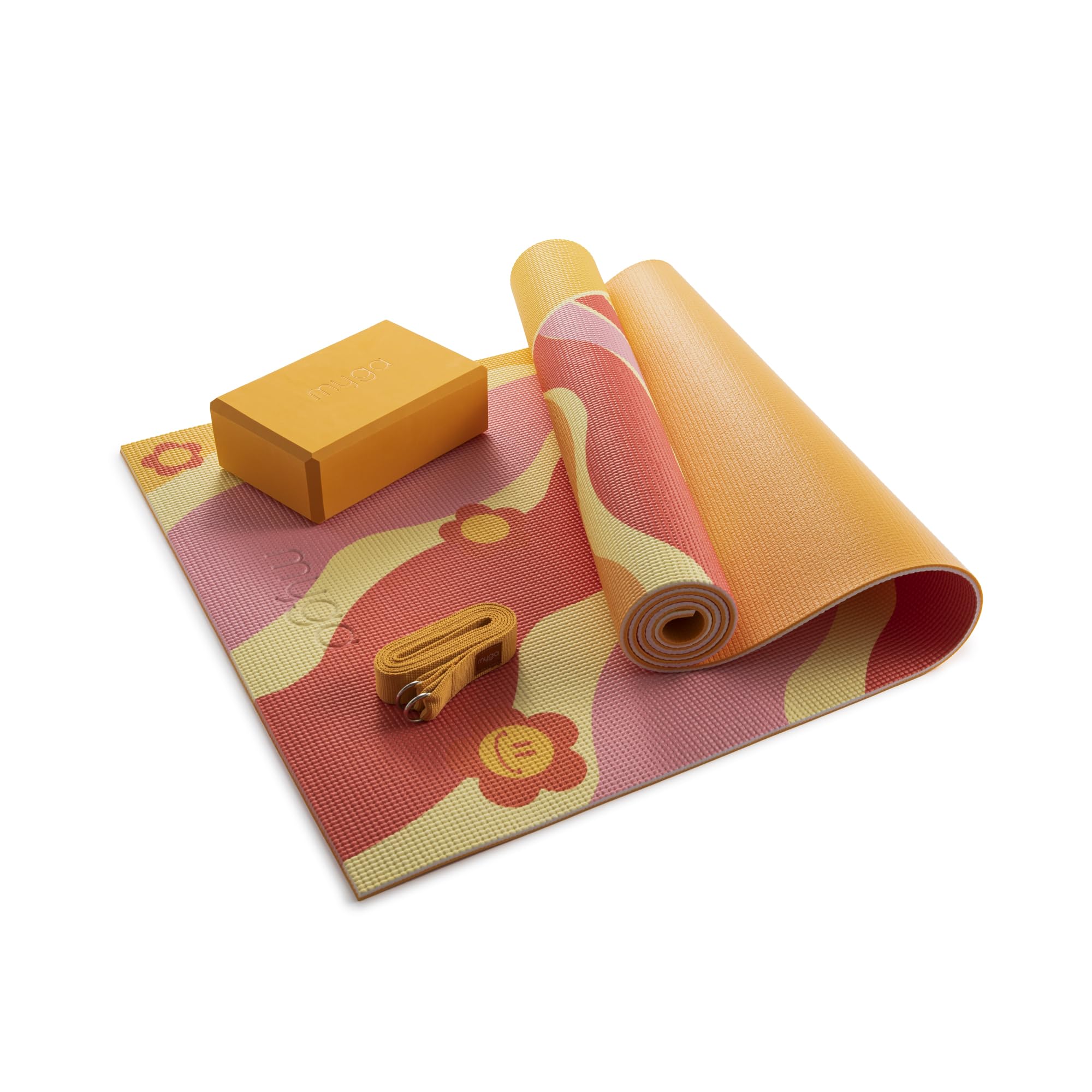 MYGA Yoga Starter Set - 6mm Non-Slip Yoga Mat, Yoga Block and Strap - Starter Kit for Beginners in Pilates, Exercise and Fitness - Choice of Design (Groovy)
