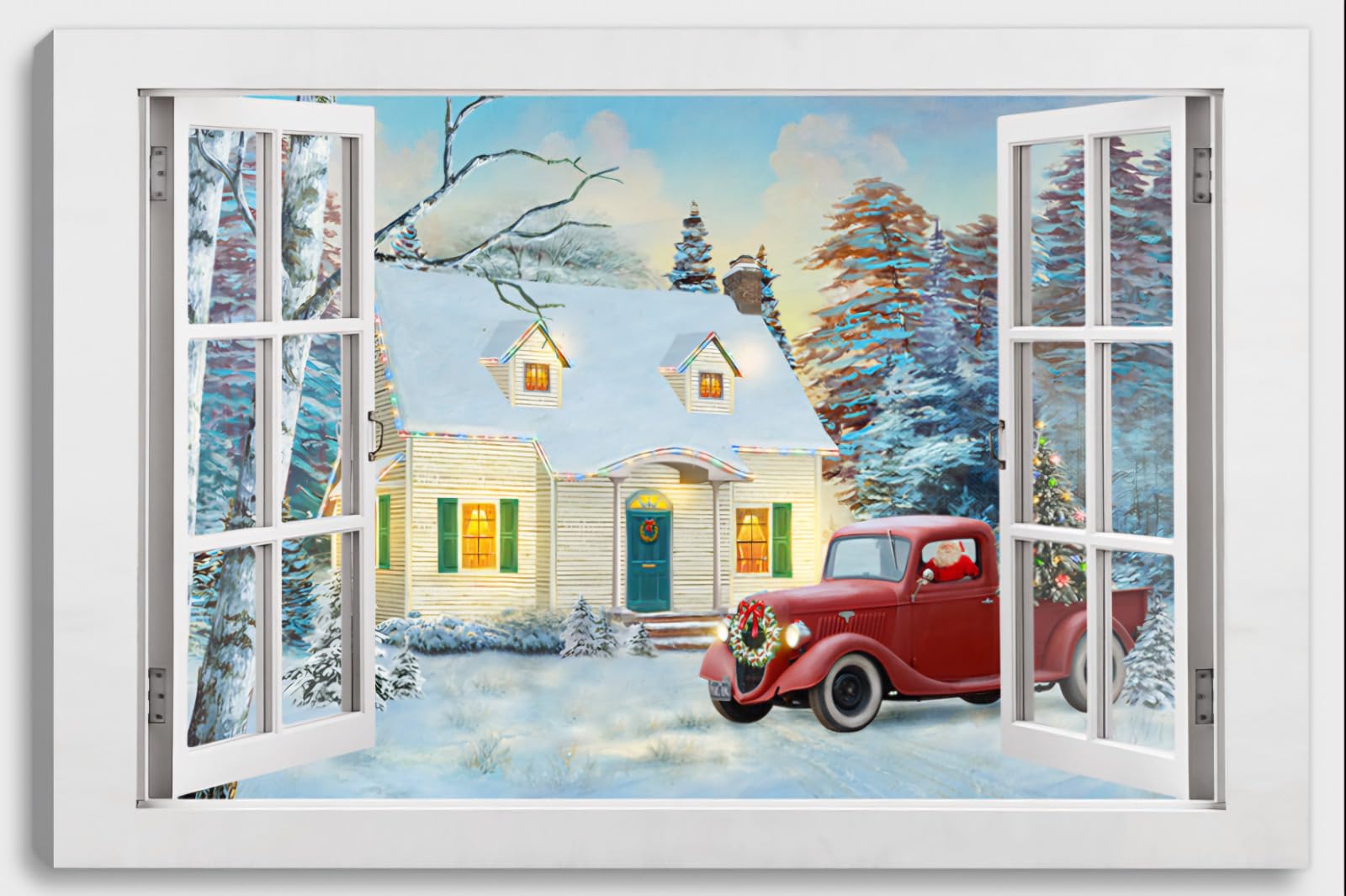 Vintage Christmas Cottage View Through Window – Santa Red Truck Winter Canvas Wall Art-image-48