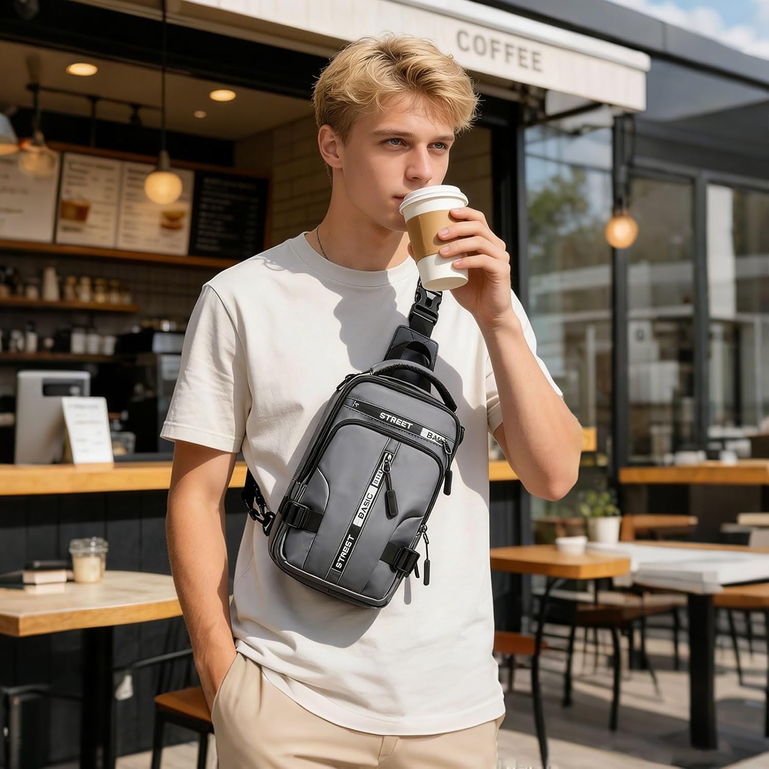 SEAFEW Sling Bag for Men Women, Mini Anti Theft One Strap Motorcycle Sling Backpack, Small Sling Chest Bag Daypack Crossbody Backpack for Casual Travel Hiking Gym Outdoor Sports Grey - Image 2