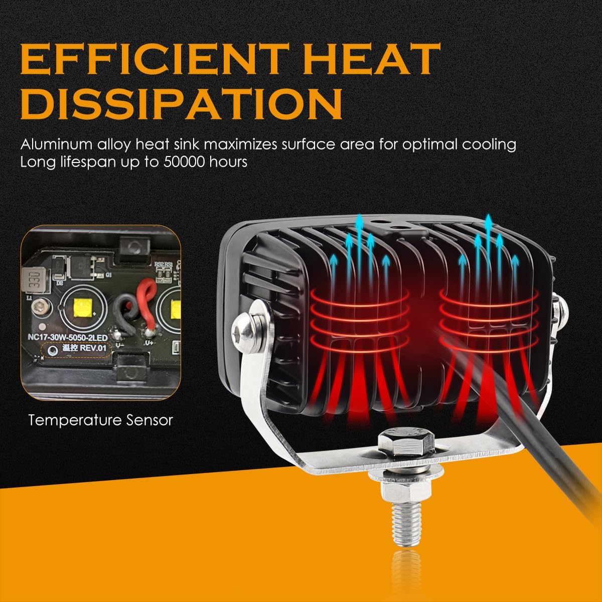 Amber LED Pods, 3 Inch Fog Lights with Temperature Sensor 50W 6000 LM Super Bright Combo Beam Offroad Bumper Lights Compatible with Motorcycle Truck Bike SUV ATV UTV Boat