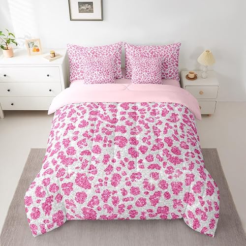 Feelyou Pink Rose Leopard Comforter Set King for Kids Boys Girls Soft Fur