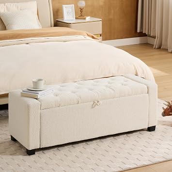 43 Inch Storage Ottoman Bench, Bench for Bedroom End of Bed, Ottoman with Storage for Living Room and Entryway Boucle Cream