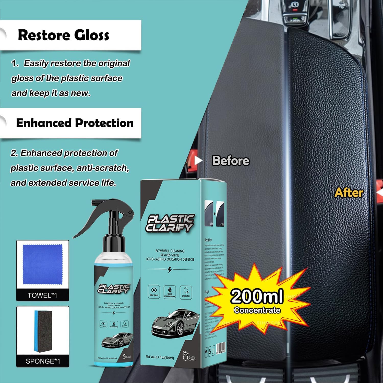 Car Plastic & Trim Restorer, Car Deatailing Kits for Refreshing Faded Plastic, Leather, Vinyl & Rubber Trim with Polish, Automotive Shiny Stuff, Black Exterior & Interior Care-200ml - Image 7