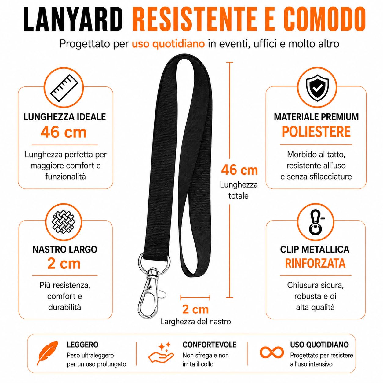 Set 100 Lanyard Neri + 100 Porta Badge Orizzontali 12 x 9 cm | Poliestere 2 cm x 46 cm, gancio metallico 4 cm, PVC trasparente, apertura superiore, lettura RFID e QR senza estrarre la tess