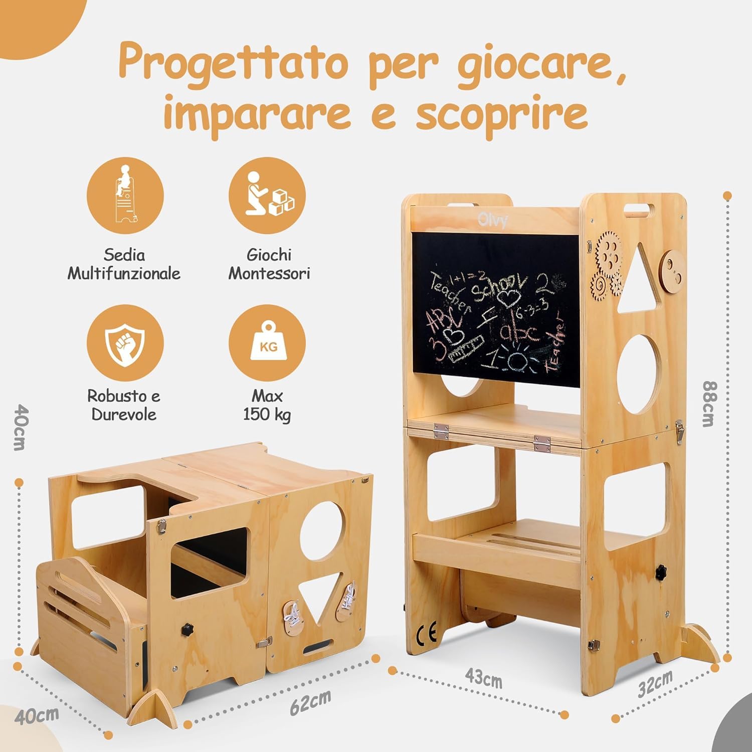 Olvy Kids 3 in 1 Montessori - Torre di apprendimento pieghevole - Scaletta in legno - 3 gradini - Torre da cucina per bambini - Torre di apprendimento in piedi a partire da 1 anno - Scala per bambini