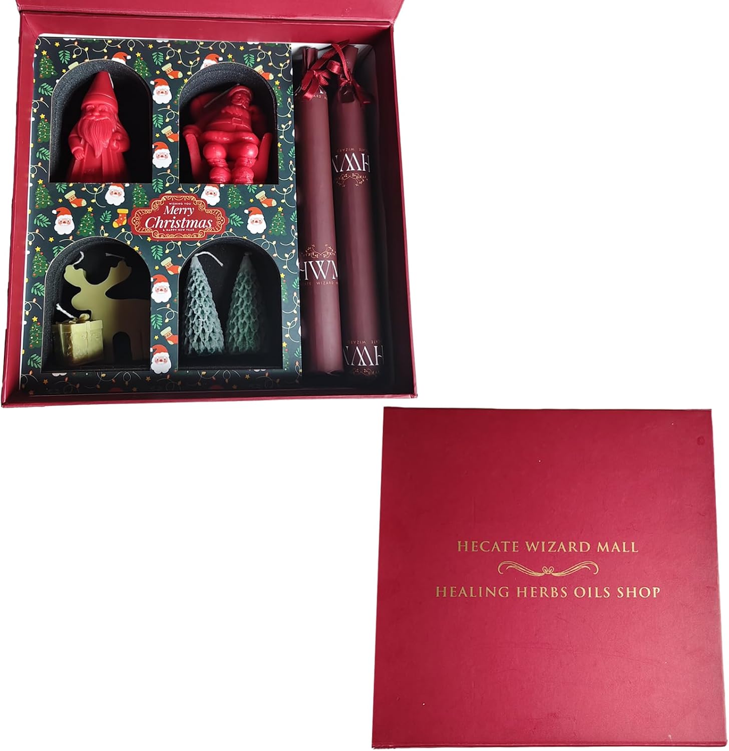 Christmas Candle Gift Set – 9 Highly Scented Festive Candles Including Santa, Trees, Deer, Cake & Ribbed Pillars | Luxury Holiday Gift Box with Surprise Santa Design (Pack of 1)