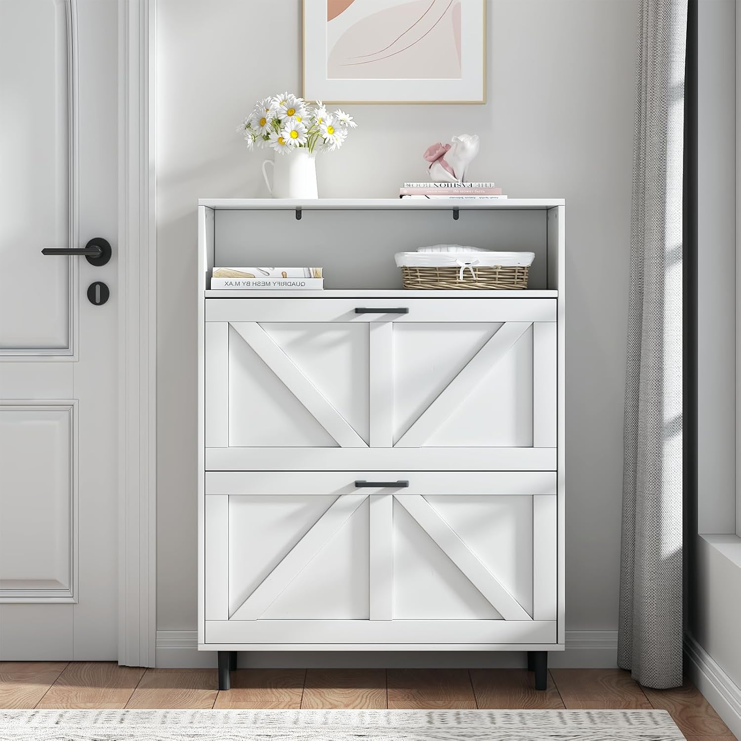 Shoe Locker with 2 Flip Drawers, Farmhouse Shoe Locker with