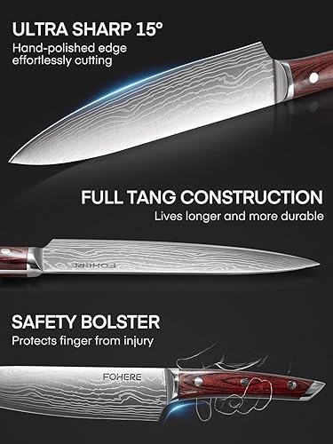 Miniatura 3 de FOHERE Juego de cuchillos de cocina con mango ergonómico de madera de Pakkawood roja, juego de cuchillos de chef profesionales ultra afilados, juego