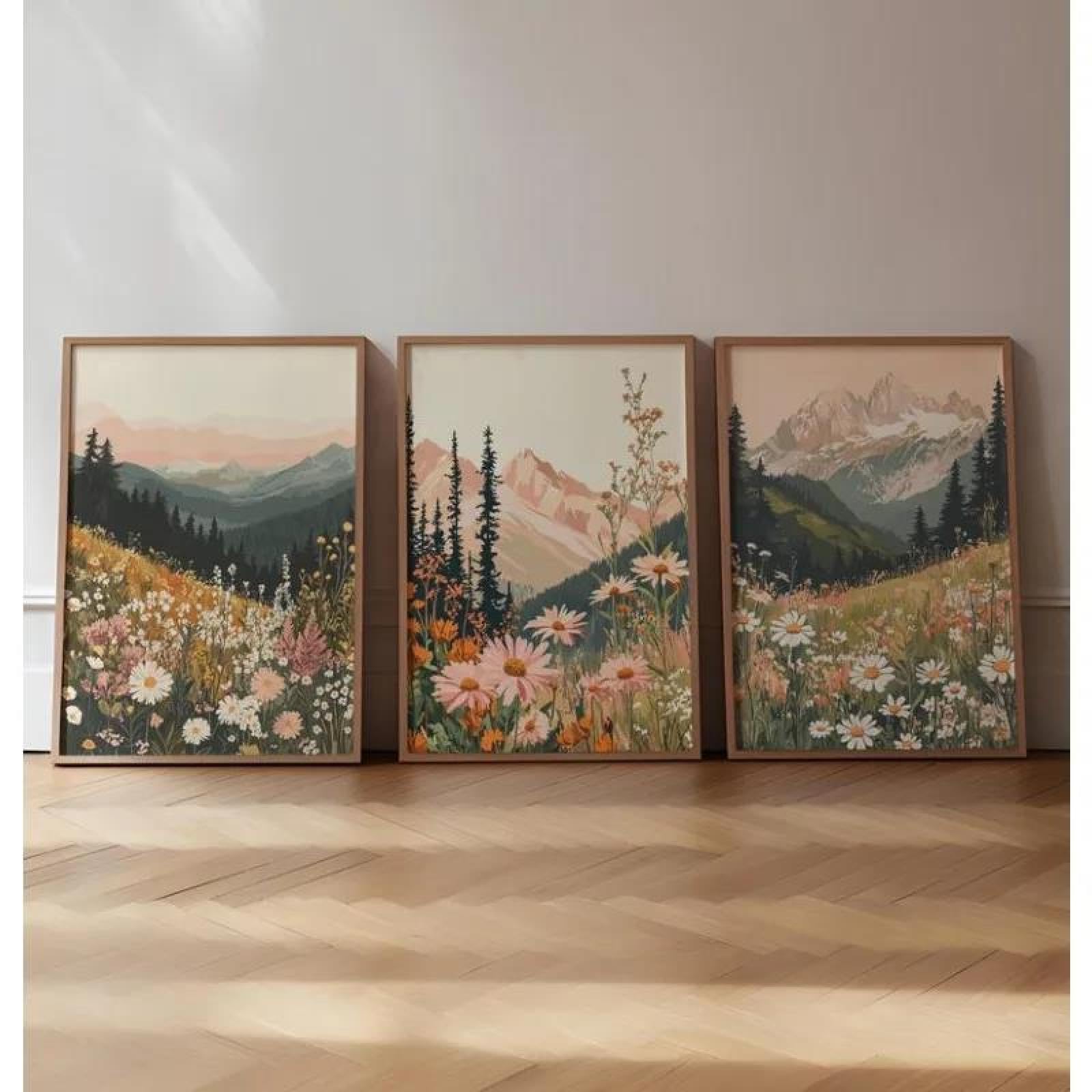 Baibexing Abstract Mountain Sunset Wildflower Landscape Wall Art Poster Prints Canvas Painting Picture For Living Room Home Decor 50X70Cmx3Pcs Unframed