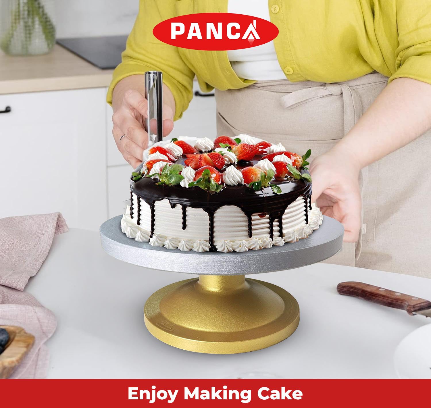 PANCA Cake Decorating & Icing Turntable | Signature Edition 12-Inch 360° Rotating Cake Stand for Baking & Serving | Fiber Cake Turntable with Silver Top & Golden Base | Professional Cake Decorating Stand