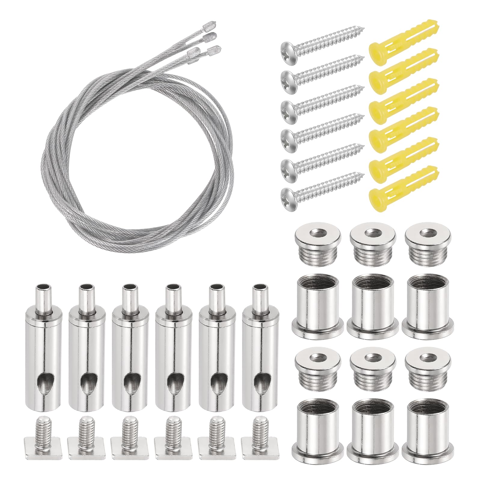 sourcing map 6Set Ceiling Hanging Wire Cable Kit, 2.6ft Bottom Adjust Adjustable Hanging Wire Rope Suspension with Square Mount Screw Kit for Pendant Chandelier Ceiling LED Panel Light, Chrome