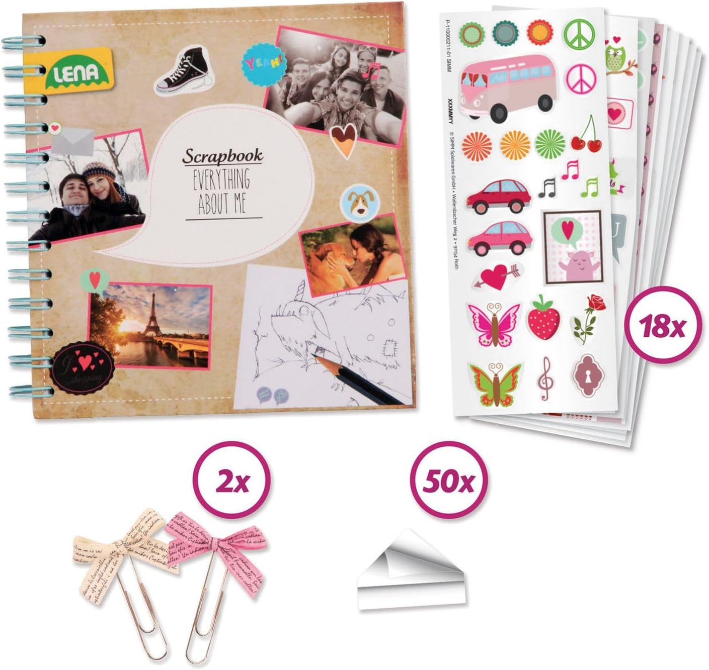 Lena 42332 - Handcraft Set Scrapbook, Complete with Album, Blanks for 20 topics, 18 Sticker Sheets with 300 Motives, Photo Corners and 2 Ribbon Clips, Creative Set for Children from 8 Years of Age