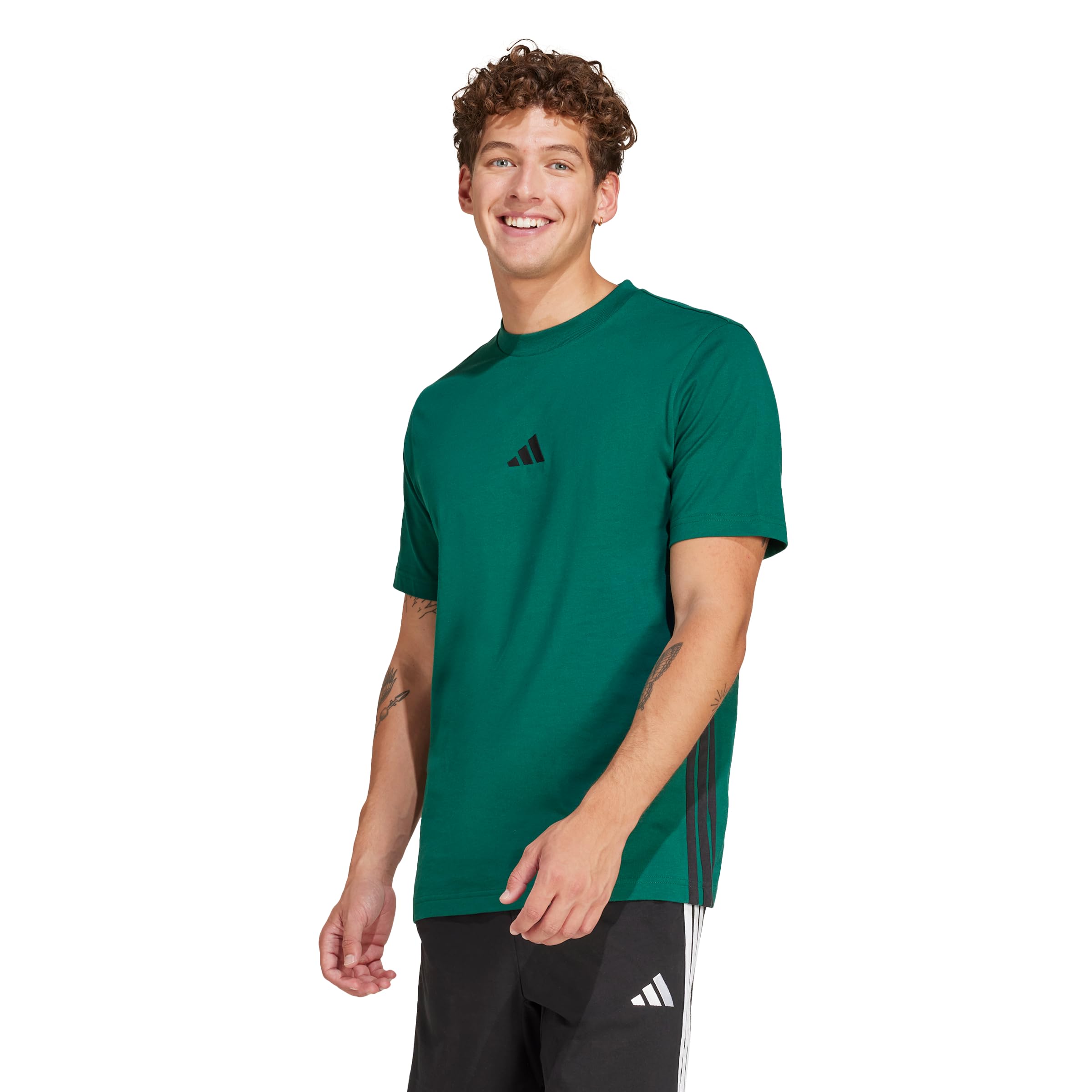 adidas Men's Essential Three Stripes Single Jersey TEE, Collegiate Green/Black, XS
