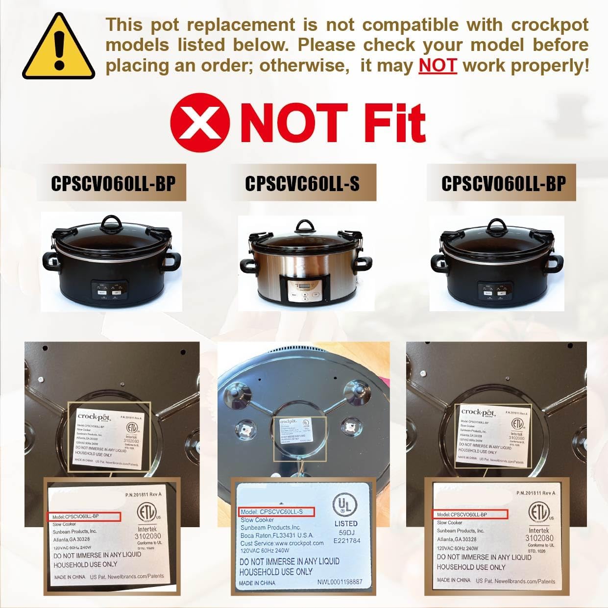 Slow cooker Lid Replacement Compatible for Crock Pot 7qt Slow Cooker Models CPSCVC7OLL-S,CPSCVC7OLL, SCCPVLF712-S-R NOT fit 7QT CPSCVC70LLEC, pls see detail to order right lid.