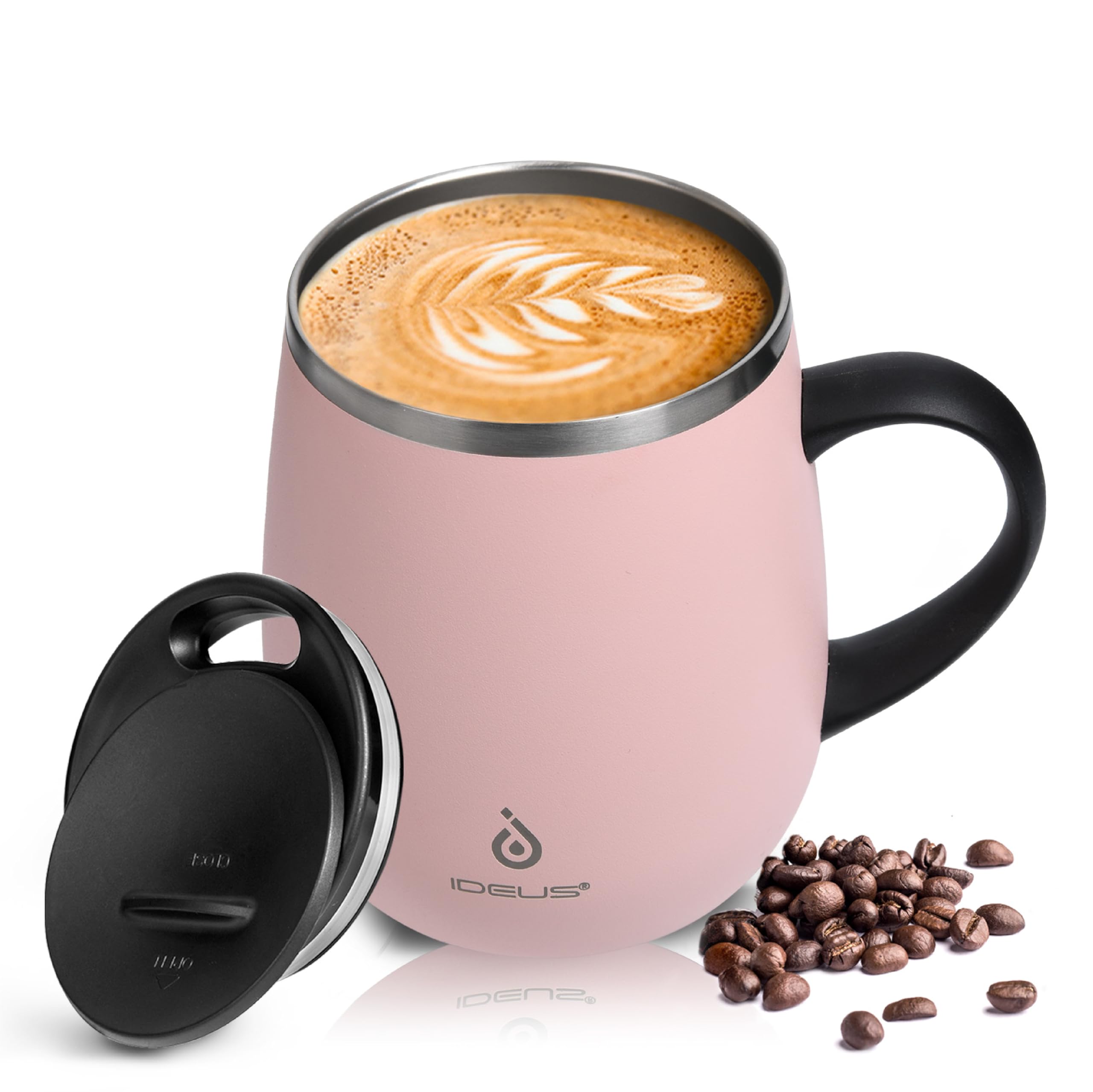 Ideus Kaffeebecher 470 ml (16 oz), doppelwandige vakuumisolierte Kaffee- und Teetasse aus Edelstahl mit rutschfestem Griff und Schiebemoduldeckel und großem Volumen (Hellrosa)