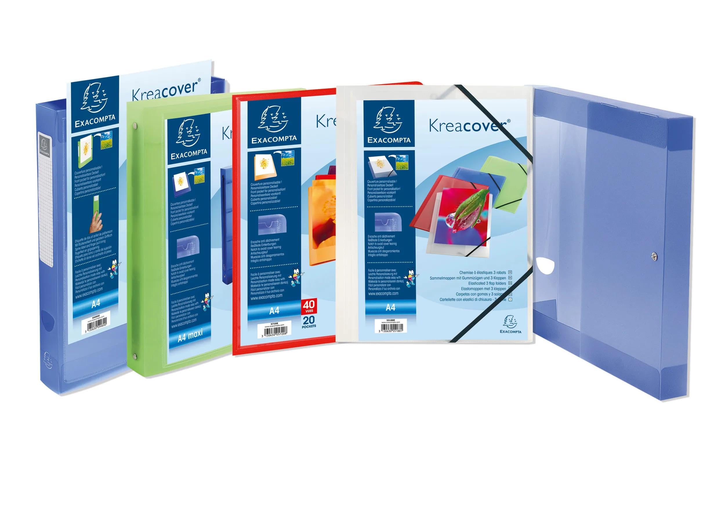 Exacompta 58209E 20er Pack Sichtmappe KreaCover Chromaline aus Kunststoff DIN A4 mit 20 Klarsichthüllen, 40 Sichten, Tasche am Vorderdeckel zum selbstgestalten, Aktenhülle, farbig sortiert