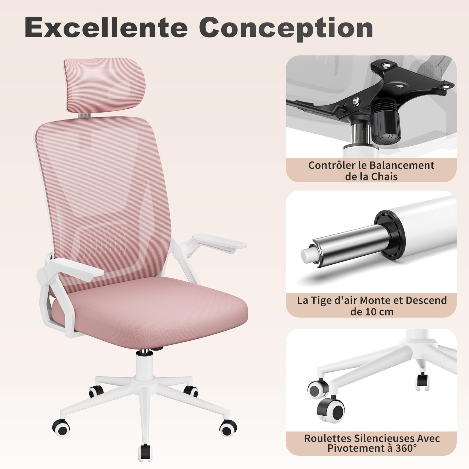 naspaluro Chaise de Bureau Ergonomique avec Accoudoirs Rabattables à 90° (avec Appui-tête, Rose)