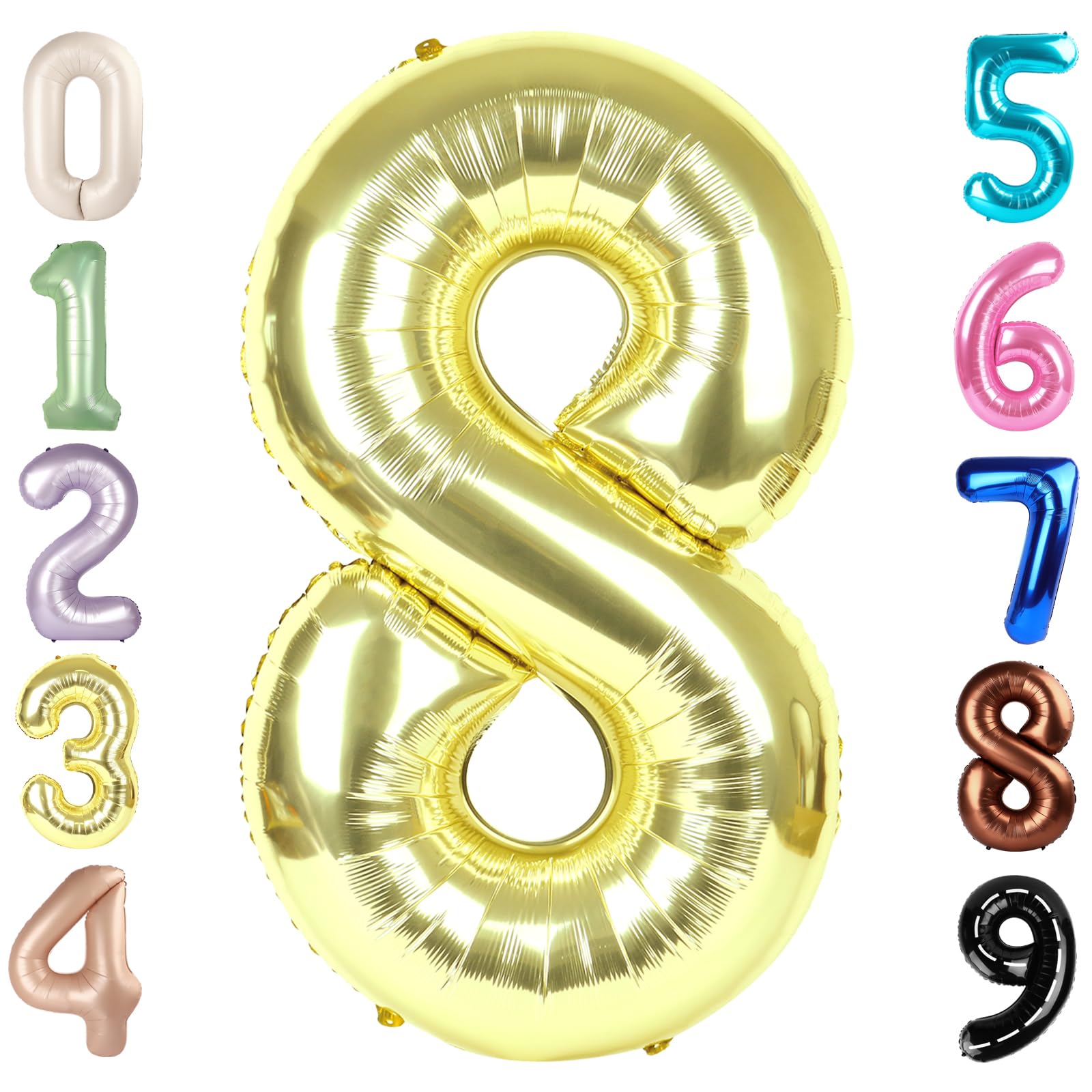 40 Inch Number 8 Balloon, Light Gold 8 18 28 80 Birthday Balloons for Men Boys, 8th Birthday Decorations Party Supplies, Wedding, Graduations