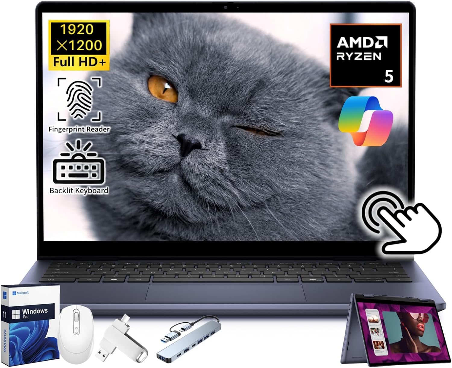 Dell Inspiron 14 7445 2-in-1 Laptop, 14" FHD+ Touchscreen, AMD Ryzen 5 8640HS(Up to 4.9GHz), Backlit Keyboard, Long Battery Life, Copilot Key, 64 GB DDR5, 4 TB SSD, Windows 11 Pro, Accessories