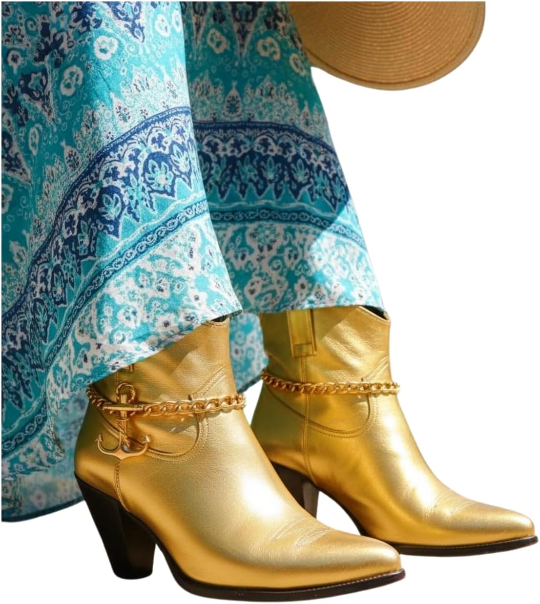 Gold Anchor Charm Boot Chains, 2PCS Pair Adjustable 11–15 In, Gold-Tone Shoe Anklet Jewelry For Boots, Nautical Statement Accessory, Handmade In USA (BC212)